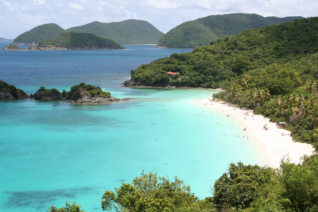 Overlook of Trunk Bay St. John, USVI. This is one of the most popular beaches on St. John Island with is crystal clear water and large white sand beach.