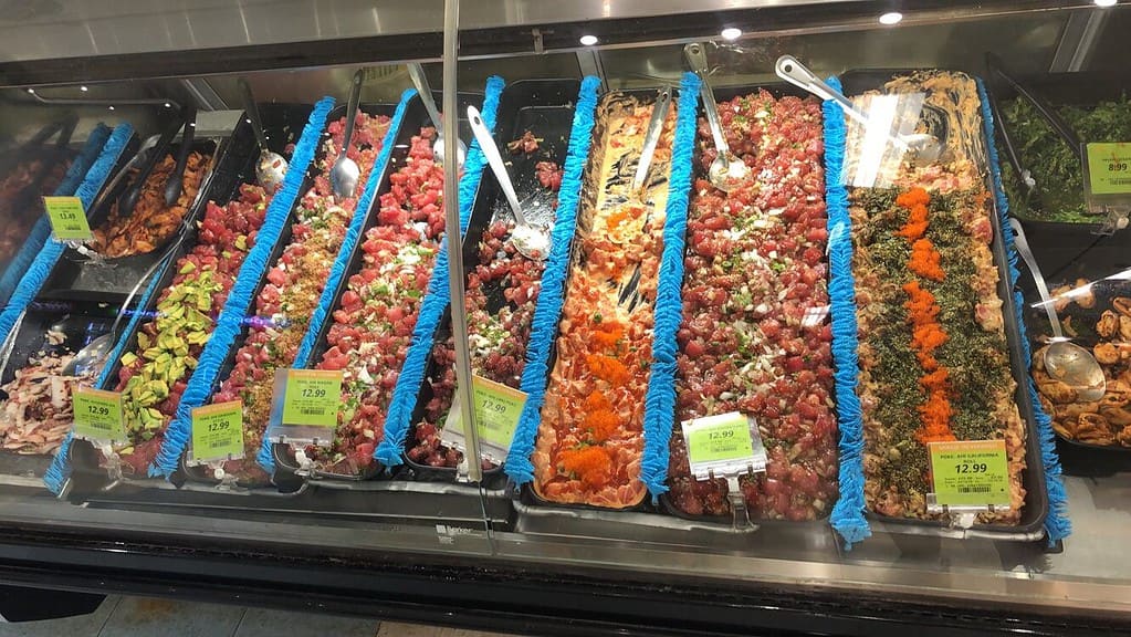 Poke options at the local grocery store on Maui, Hawaii
