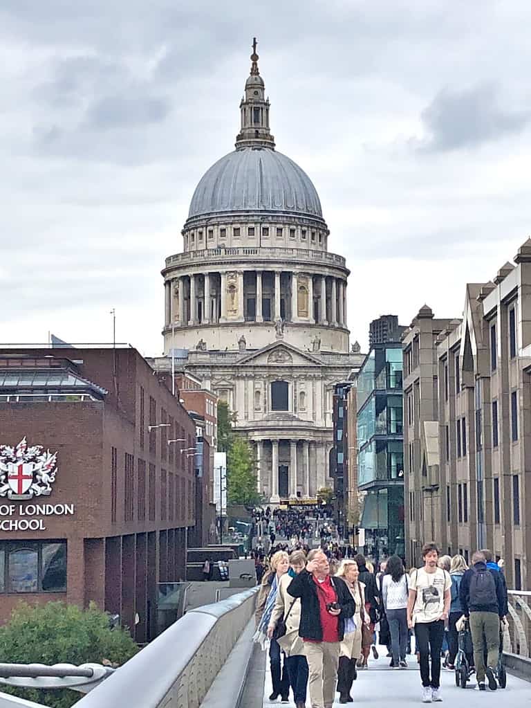 Walking on the Millennium Bridge toward St. Paul's Cathedral.