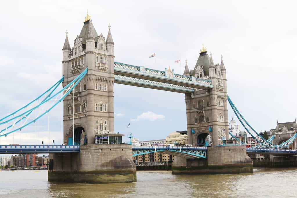 Tower Bridge over the River Thames.  It is often mistaken with London Bridge.