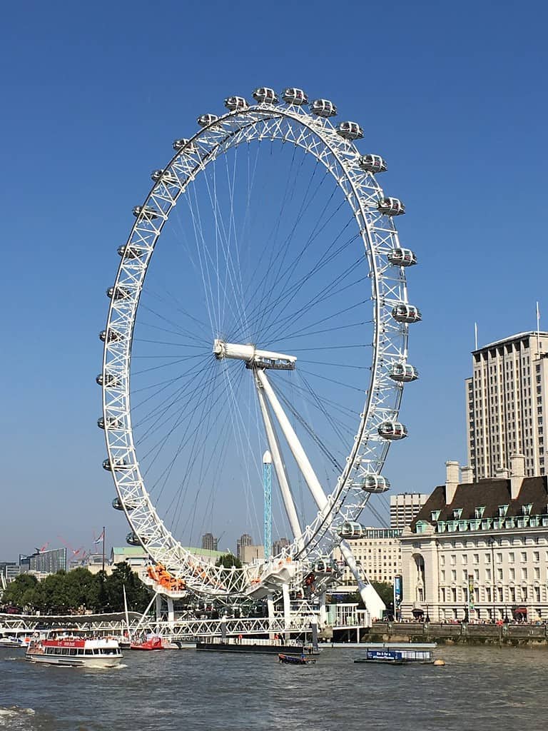 The London Eye across the River Thames view from the Westminster Bridge in London, UK.