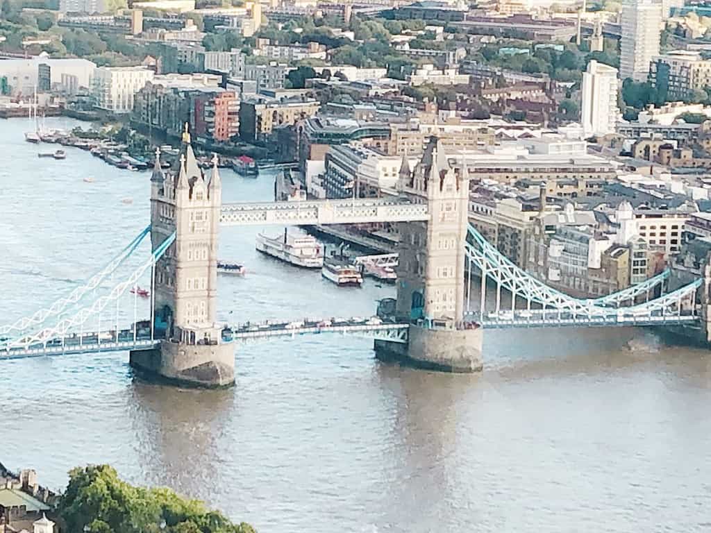 Tower Bridge view from the Sky Garden terrace in the Walkie Talkie Building, London, UK