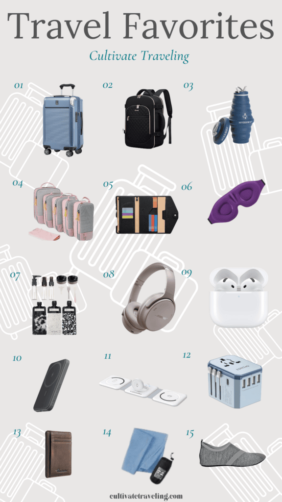 Collage of 15 travel essentials, including luggage, backpack, collapsible cup, organizers, passport holder, eye mask, toiletry bottles, headphones, steamer, phone case, chargers, adapter, and slippers—perfect carry on travel essentials for flying and staying organized on every journey.