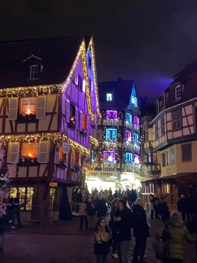 Christmas Lights decorate the streets of Colmar giving it warm, festive vibe.