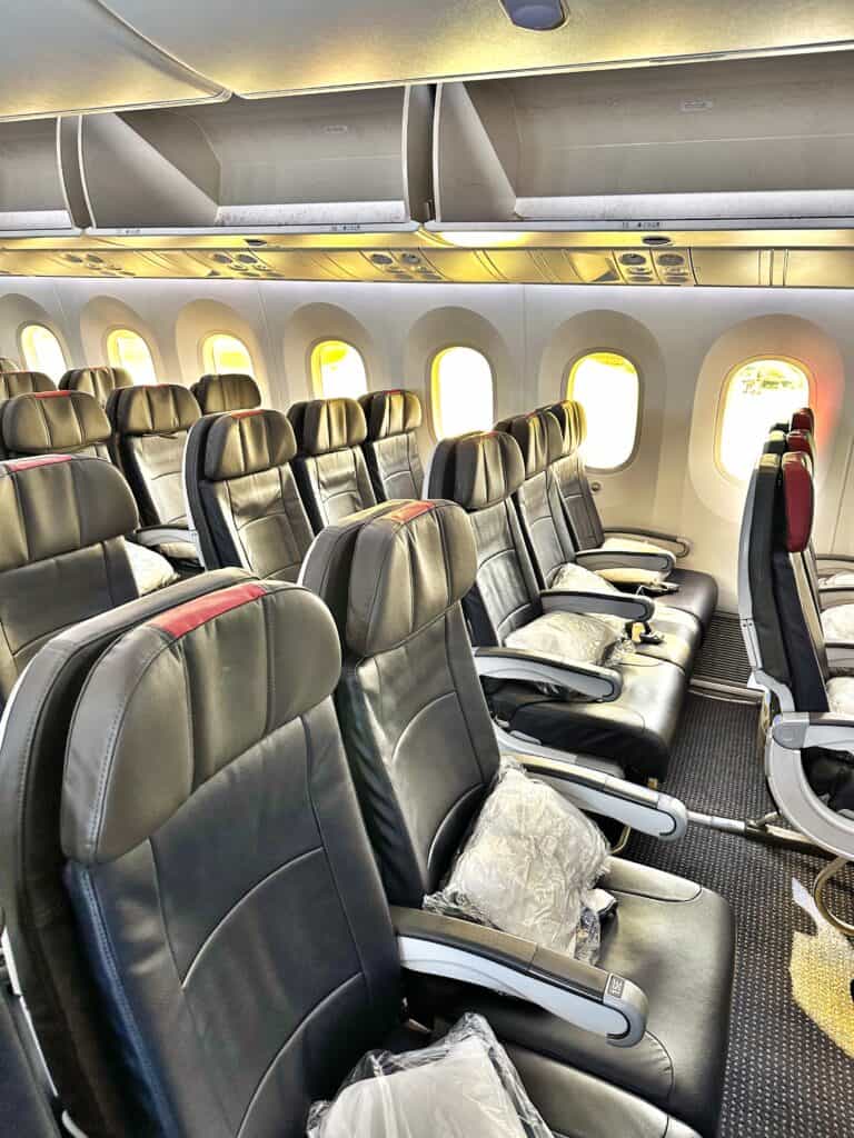 Inside of an American Airlines plane ready for an long haul flight