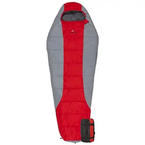 TETON Tracker 5 Lightweight Mummy Sleeping Bag; Great for Hiking, Backpacking and Camping; Free Compression Sack Red/Grey, Adult - 87" x 34" x 22"