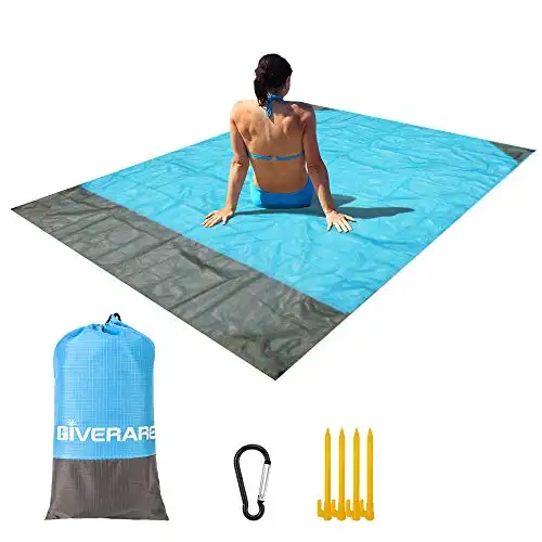 Sandfree Beach Blanket, Waterproof Picnic Blanket, Quick Drying Indoor&Outdoor Family Mat with 4 Stakes & 4 Corner Pockets for Travel, Camping, Hiking, Music Festival