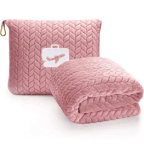 Premium Travel Blanket Pillow - Soft 2 in 1 Airplane Blanket with Soft Bag Pillowcase, Hand Luggage Sleeve and Backpack Clip (Light Pink)