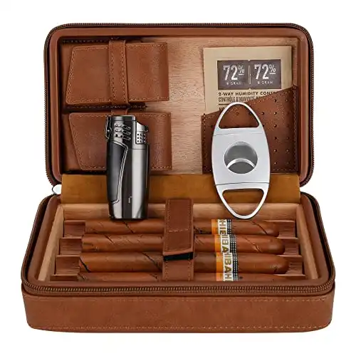 Cigar Travel Humidor, Cedar Wood Leather Cigar Case with Cigar Accessories Gift Set, Brown