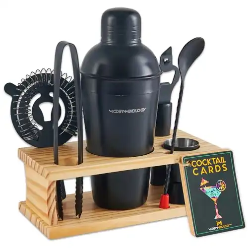 Mixology Bartender Kit - 8-Piece Black Matte Cocktail Shaker Set with Pine Wood Stand, Recipe Cards, and Bar Accessories - Christmas Gift Ideas