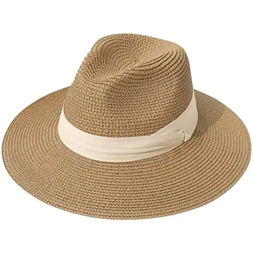 Lanzom Women Wide Brim Straw Panama Roll up Hat Fedora Beach Sun Hat UPF50+ (Z-Beige Ribbon Brown)