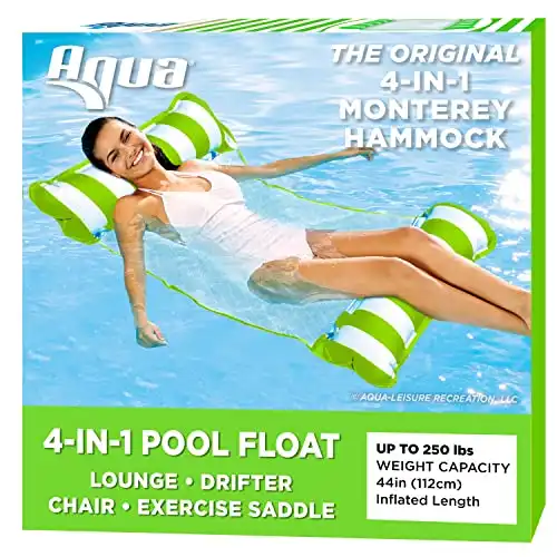 Aqua 4-in-1 Monterey Hammock Inflatable Pool Float, Multi-Purpose Pool Hammock (Saddle, Lounge Chair, Hammock, Drifter) Portable Water Hammock, Lime Green /White Stripe