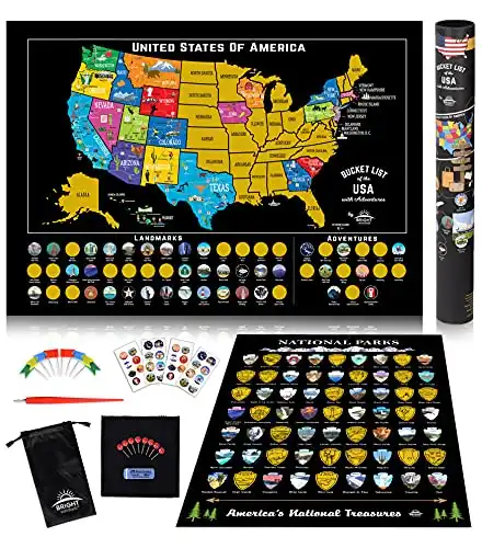 Scratch Off Map of United States + All 63 US National Parks Scratch Off Poster, 85 USA Landmarks