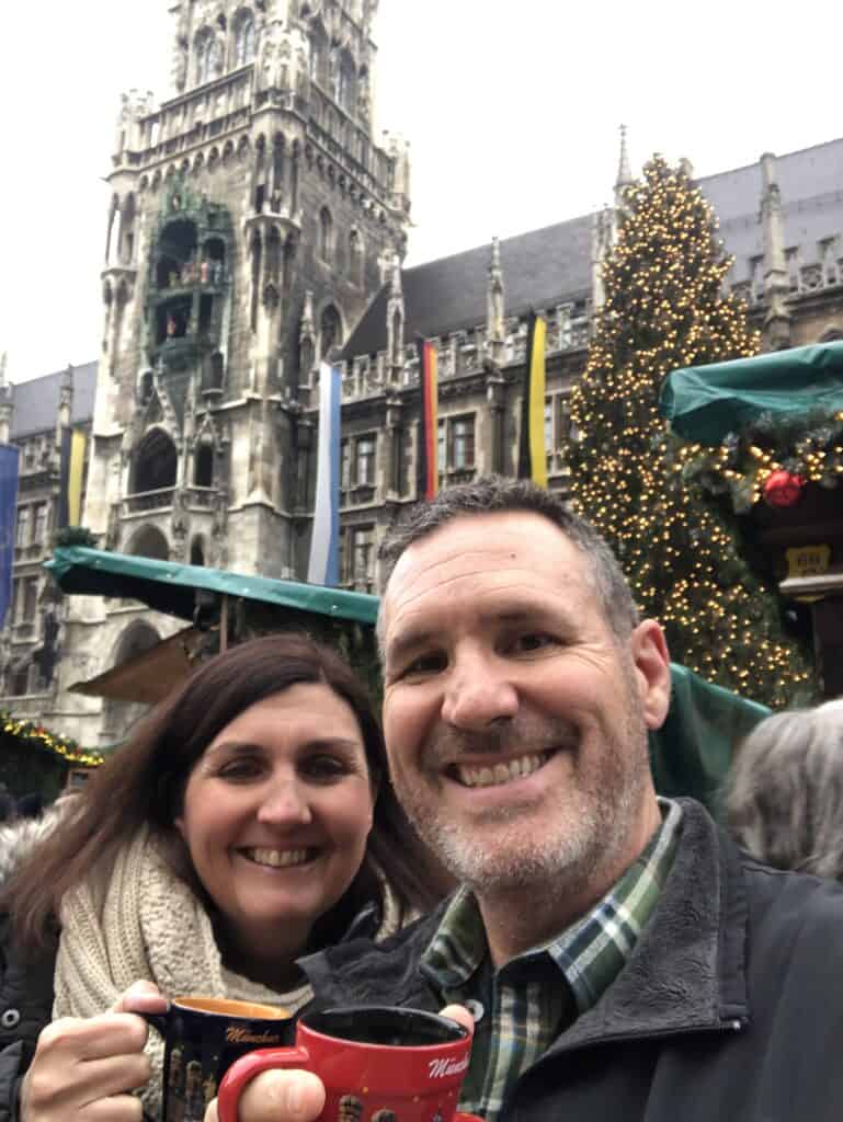 The husband and I at the Marienplatz Market in Munich with the new Town Hall behind us.