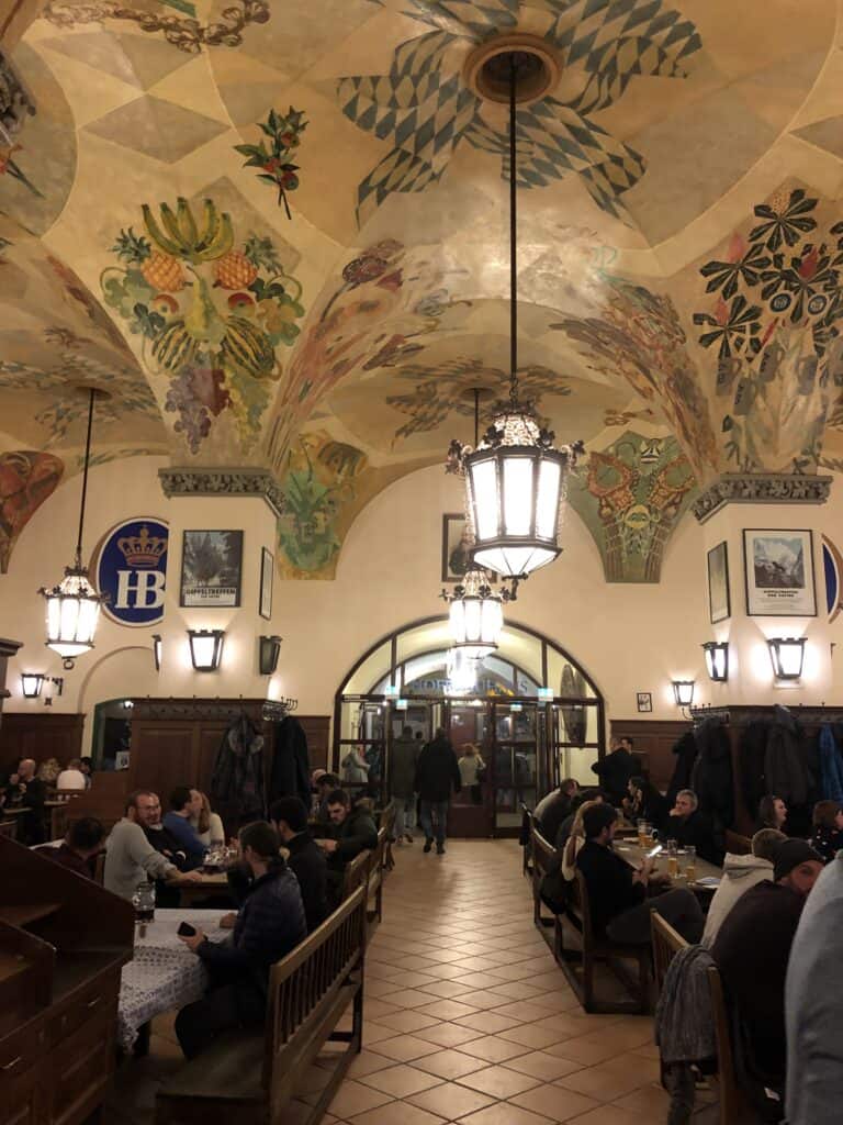 When visiting Munich, the Hofbrauhaus is a must visit. The decorating is not what I expected with the ceilings and walls painted. Definitely not a pub.