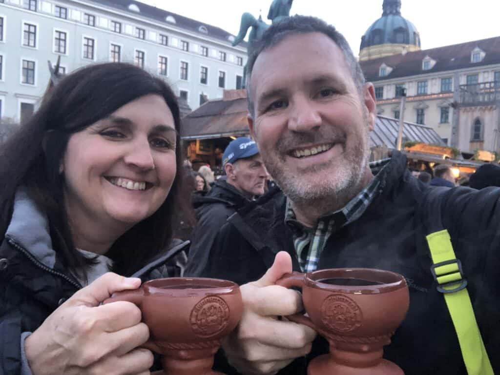 The husband and I at the Medieval Market in Munich. They served Gluhwein in medieval style cups. This was one of our favorite markets.