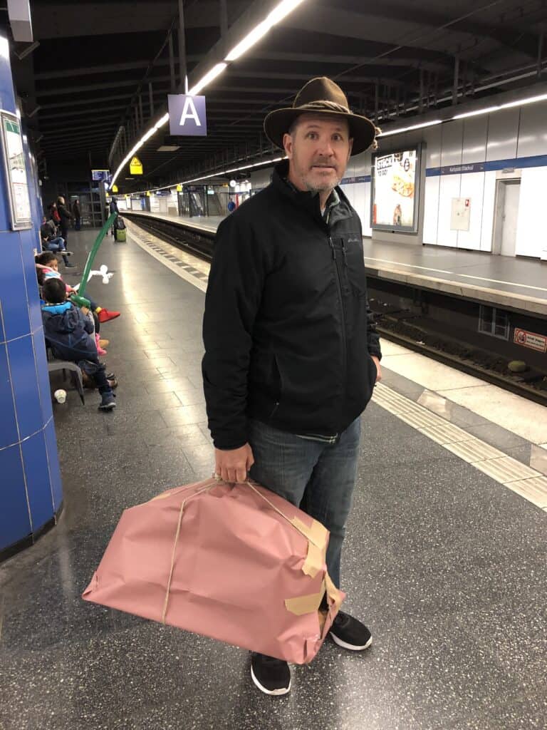 We were waiting at the trains station in Munich to return to the airport. We bought a large manger and they wrapped it up tight for us to bring back to the US.