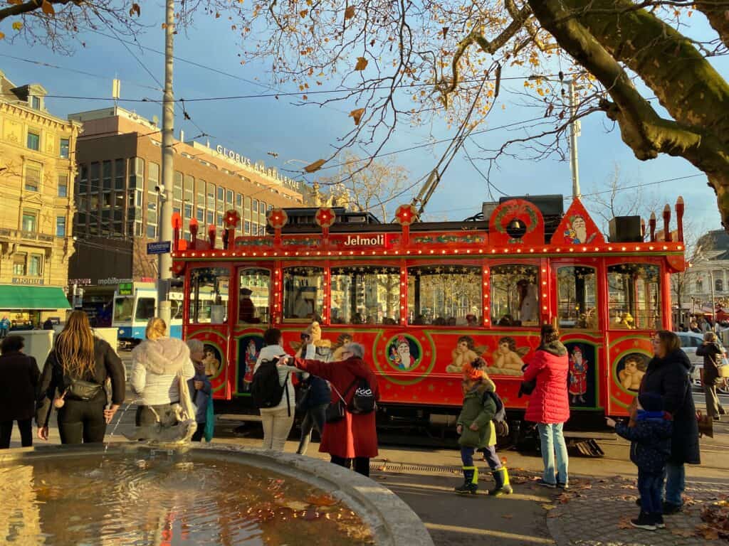 The St. Nicolas Christmas Tram loading with it's new passengers. 