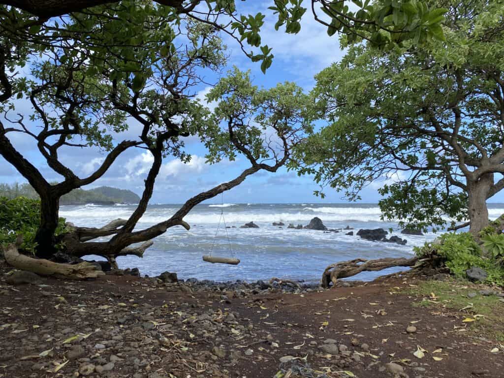 A beautiful beach on the Road to Hana with a swing hanging from a tree, outlooking out into the pretty blue waters with lava rocks coming out of the ocean. 