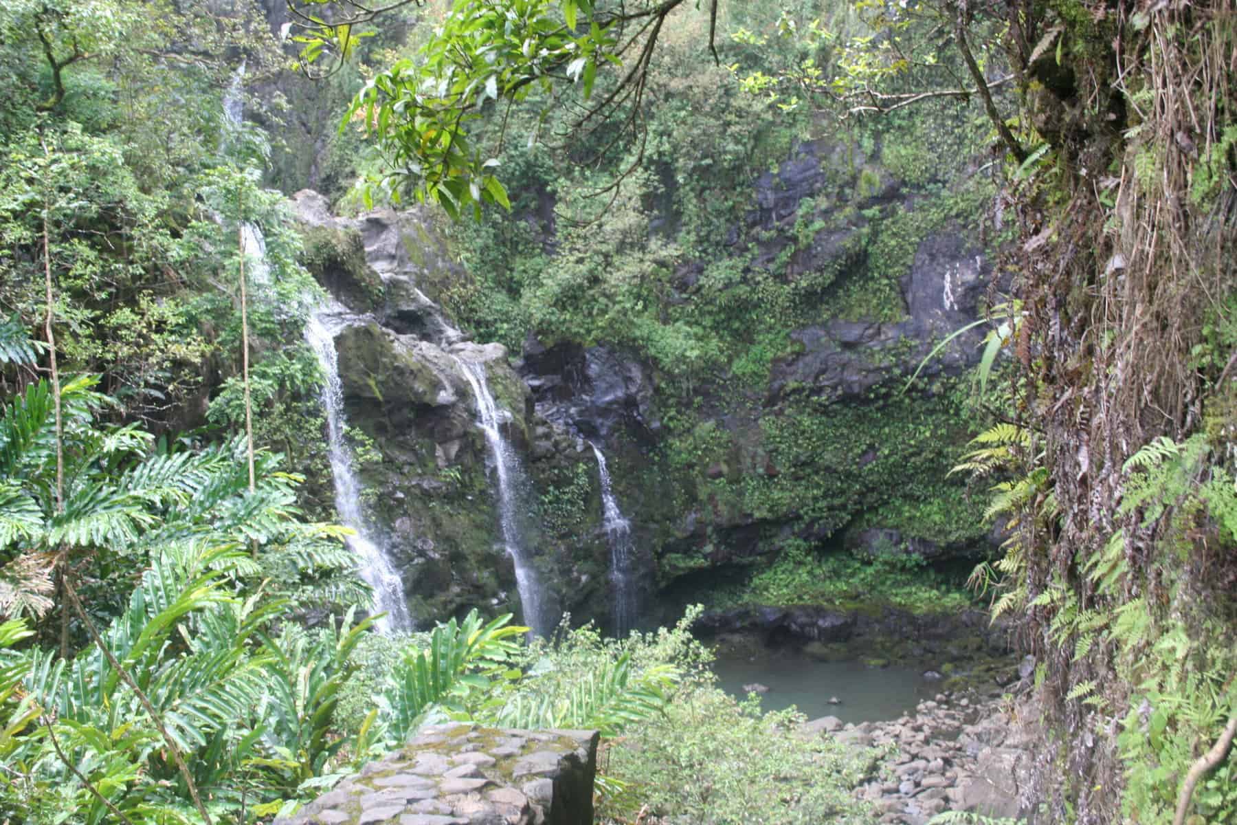 The Three Bears waterfall on the Road to Hana. It can be easily seen from the Hwy. There are three waterfalls, a big one, a medium one and a small waterfall.