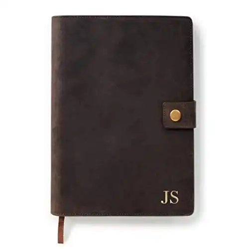 Full Grain Premium Leather Refillable Journal Cover with A5 Lined Notebook, Pen Loop, Card Slots, Brass Snap