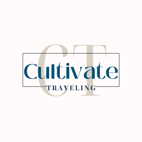 Cultivate Traveling logo with Dark blue Cultivate Traveling and tan intials