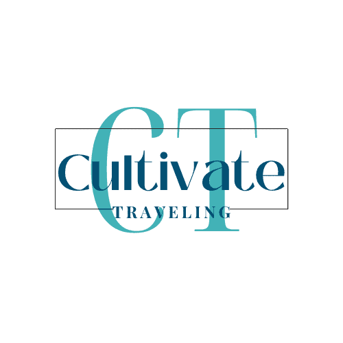 Cultivate Traveling logo with dark blue and turquoise