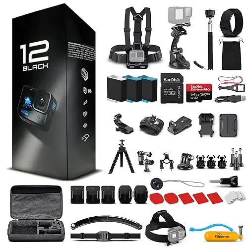Go Pro HERO12 Black - with 50 Piece Accessory Kit and 2 Extra Batteries + 64GB Card