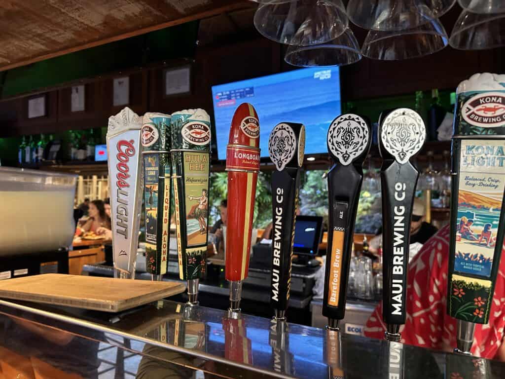 Beers on tap at Hula Grill in Ka'anapali. Barefoot Brew is a special MBC beer for Hula Grill.