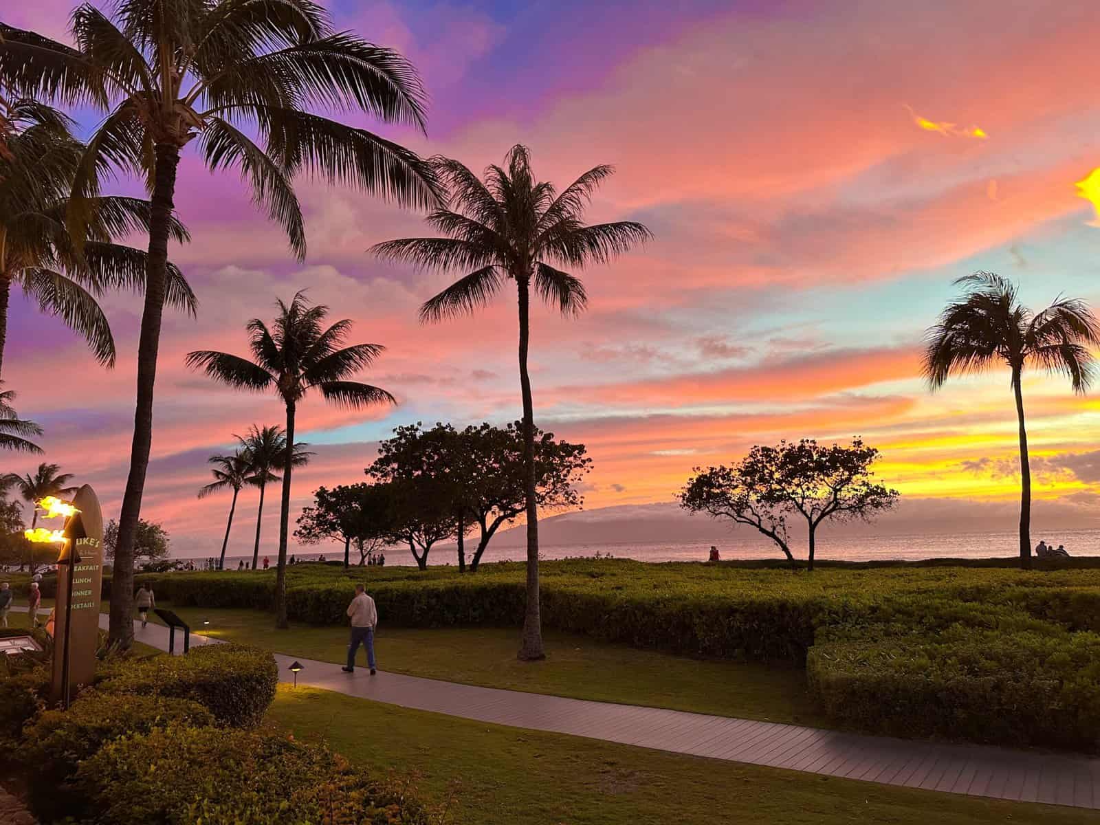 A man is walking down a path with palm trees in the background, heading towards Kaanapali restaurants.