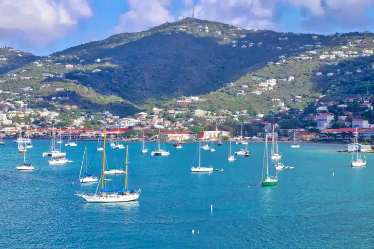 Charlotte Amalie St. Thomas USVI with numerous sailboats on blue water is set against a backdrop of green hills and scattered buildings under a partly cloudy sky, as the Westin St. John Ferry glides gracefully through the harbor.