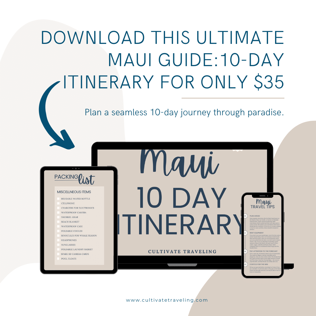 Graphic advertisement for the Ultimate Maui Guide featuring a 10-day itinerary priced at $35. The image showcases the guide on a laptop, tablet, and smartphone, coupled with a handy packing list.