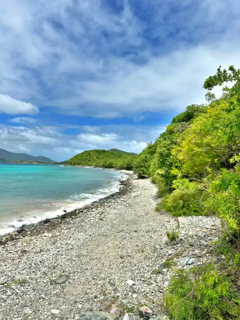 A rocky shoreline with clear turquoise water on the left and dense green vegetation on the right under a partly cloudy sky.
