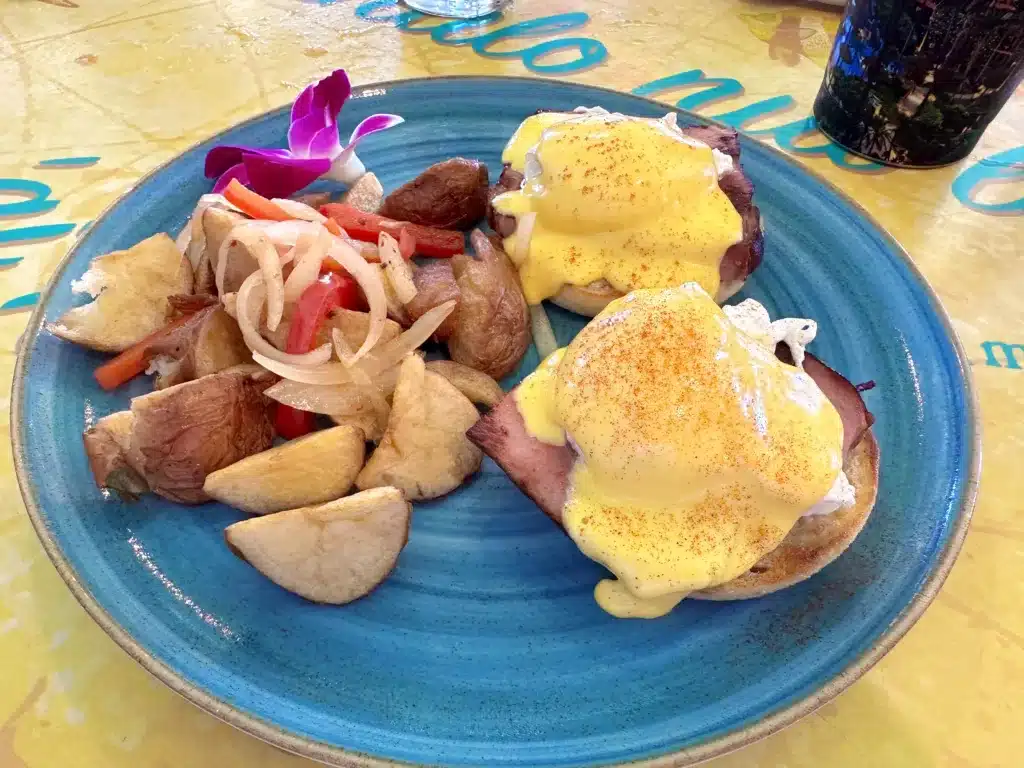A blue plate holding eggs Benedict with hollandaise sauce, home fries garnished with onions and bell peppers, and an edible flower on the side.
