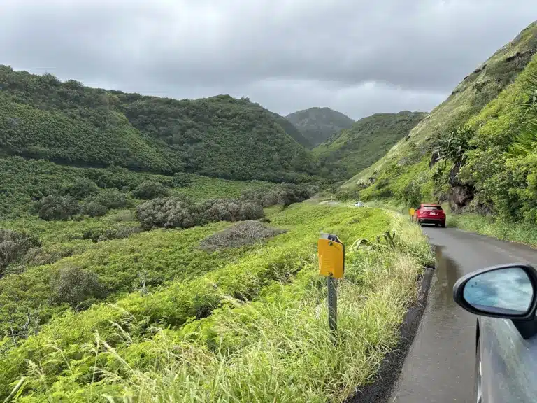 A narrow road winds through lush green hills with a cloudy sky overhead; three cars are visible, one red ahead on the road, another farther down, and one side mirror is visible in the foreground.