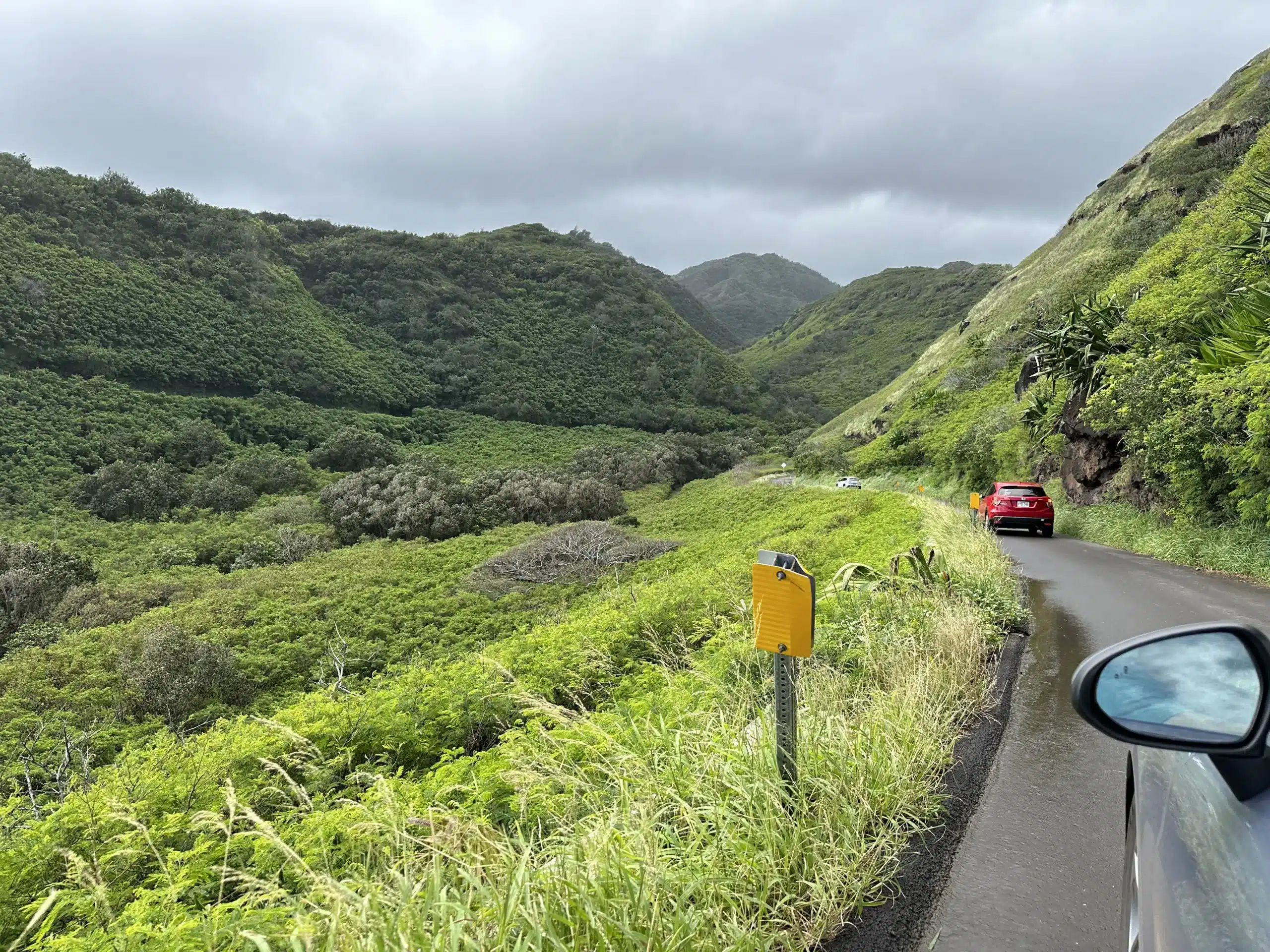 A narrow road winds through lush green hills with a cloudy sky overhead; three cars are visible, one red ahead on the road, another farther down, and one side mirror is visible in the foreground.