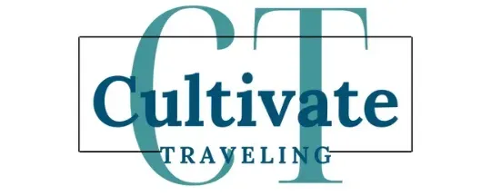 Logo displaying the text "Cultivate Traveling" with the initials "CT" in large font behind it, all in teal color.