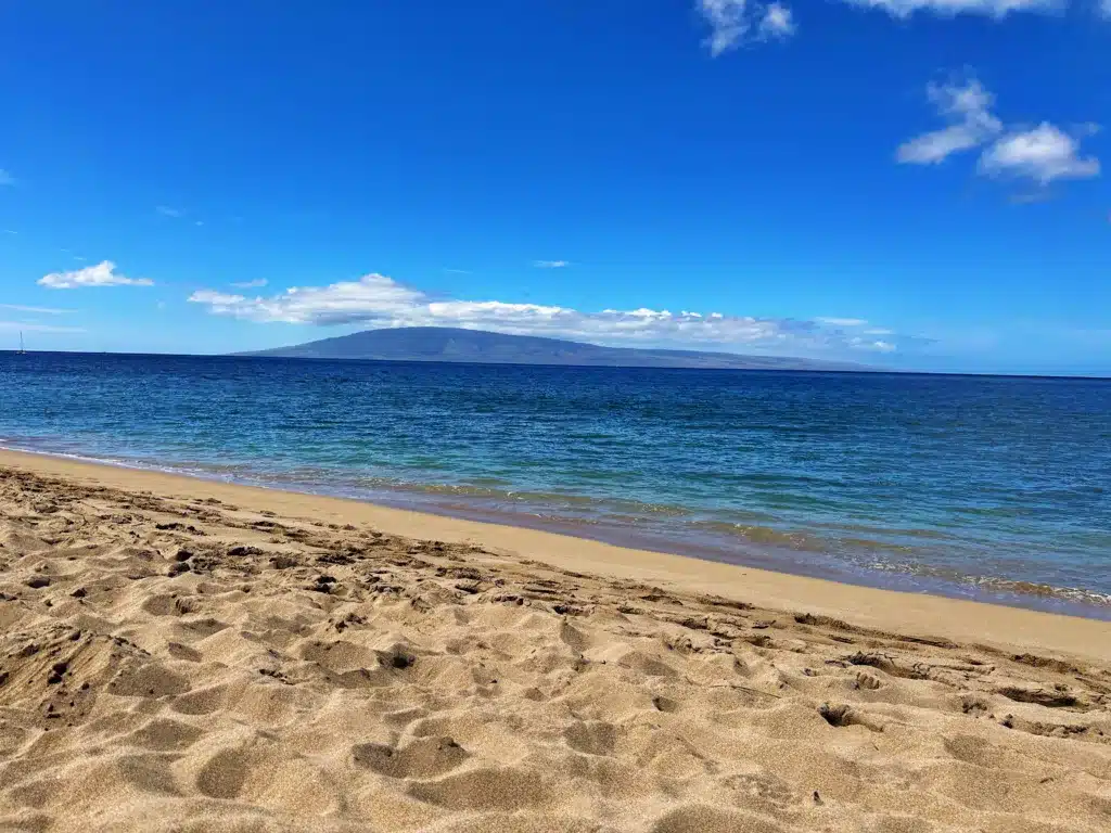 A sandy beach with clear blue water and a distant island under a bright blue sky with some clouds.