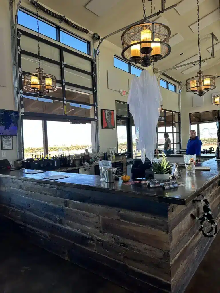 A bar with wooden counters, hanging industrial lights, and a white ghost decoration offers a cozy escape reminiscent of charming day trips from Tucson.
