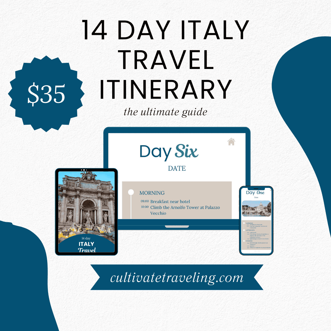 14 Day italy Travel Itinerary with Cover, Price, Sample of a day and the day planner