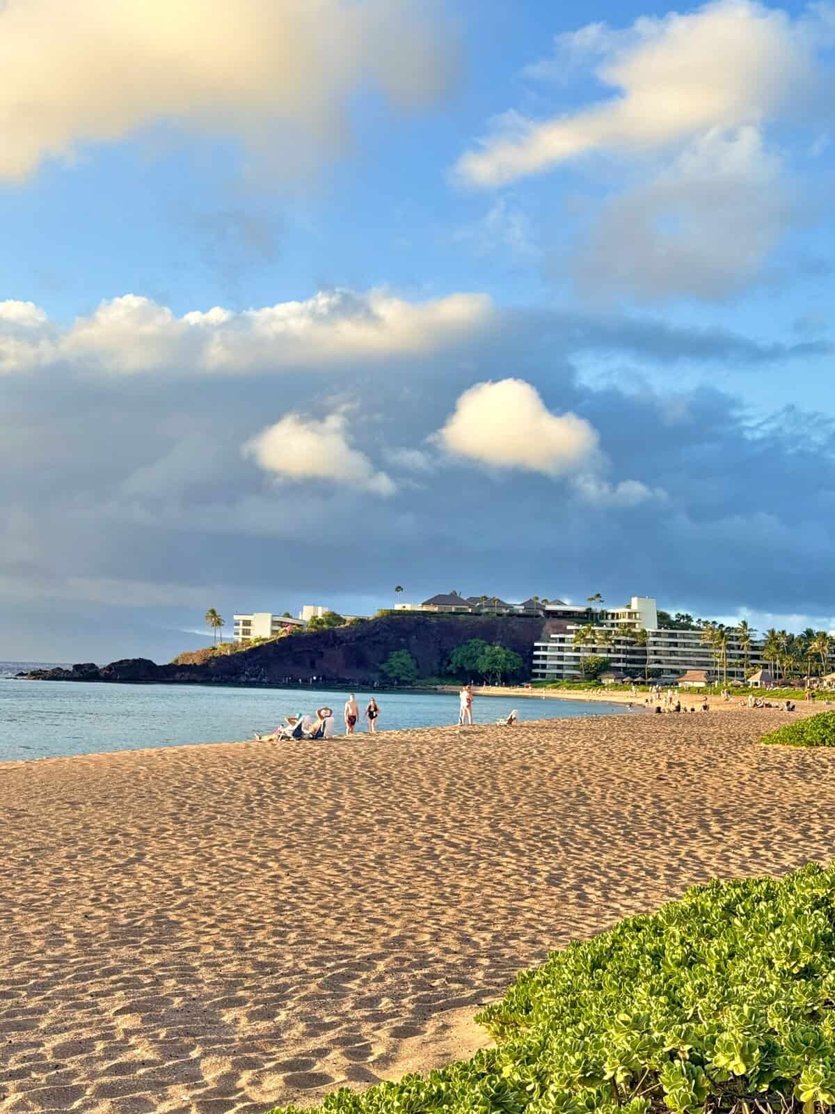 Beach scene with people walking and sitting on the sand. Ocean waves and grassy area in the foreground. Buildings and clouds in the background under a blue sky.