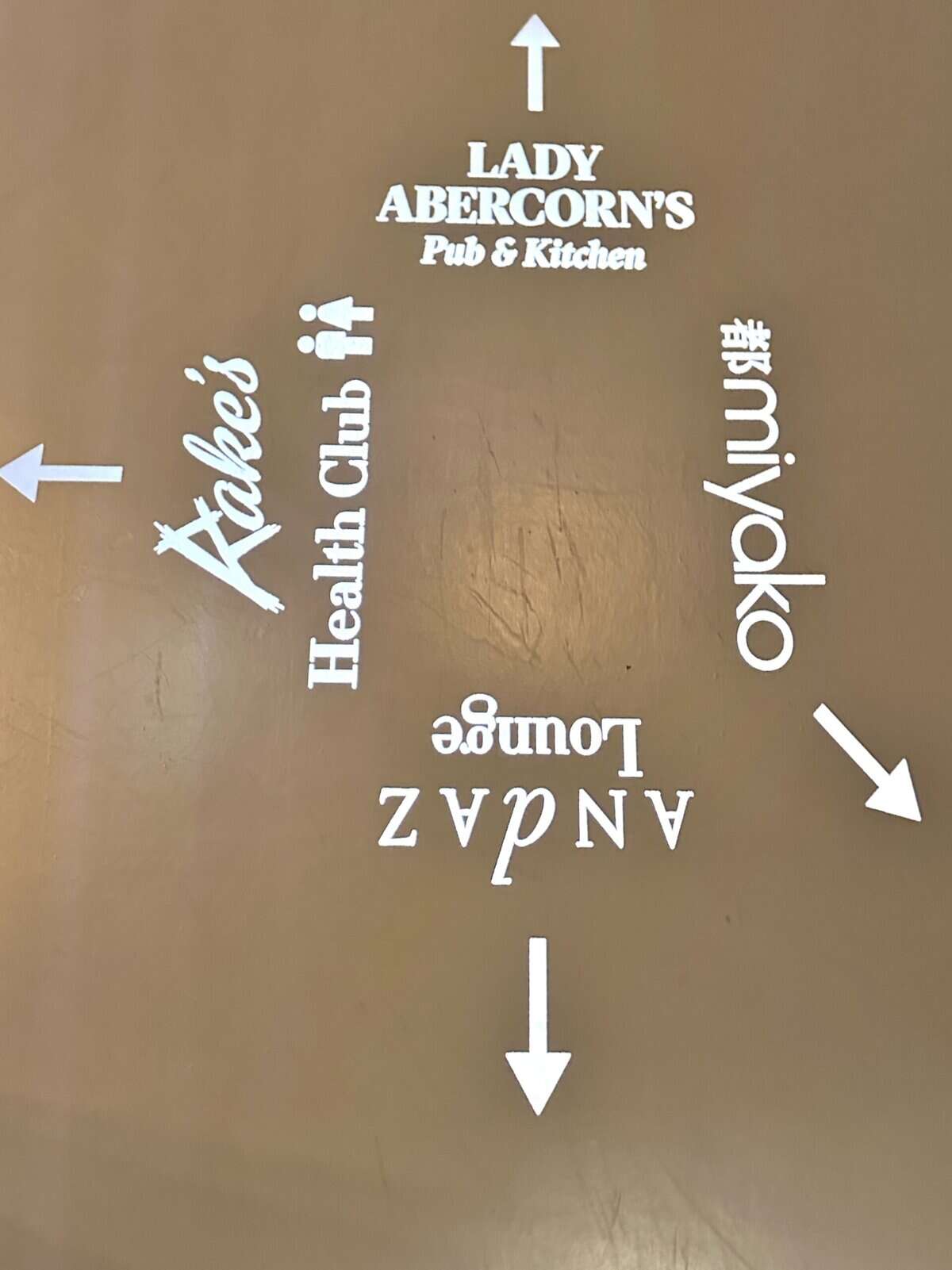 Wayfinding sign at Andaz London Liverpool Street pointing to Lady Abercorn’s Pub & Kitchen, Rake’s Health Club, Miyako, and the Andaz Lounge.