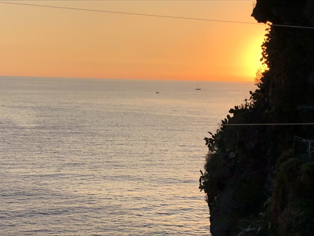 The sun sets over a calm ocean with two boats in the distance; a rocky, plant-covered cliff is visible on the right side of the image.