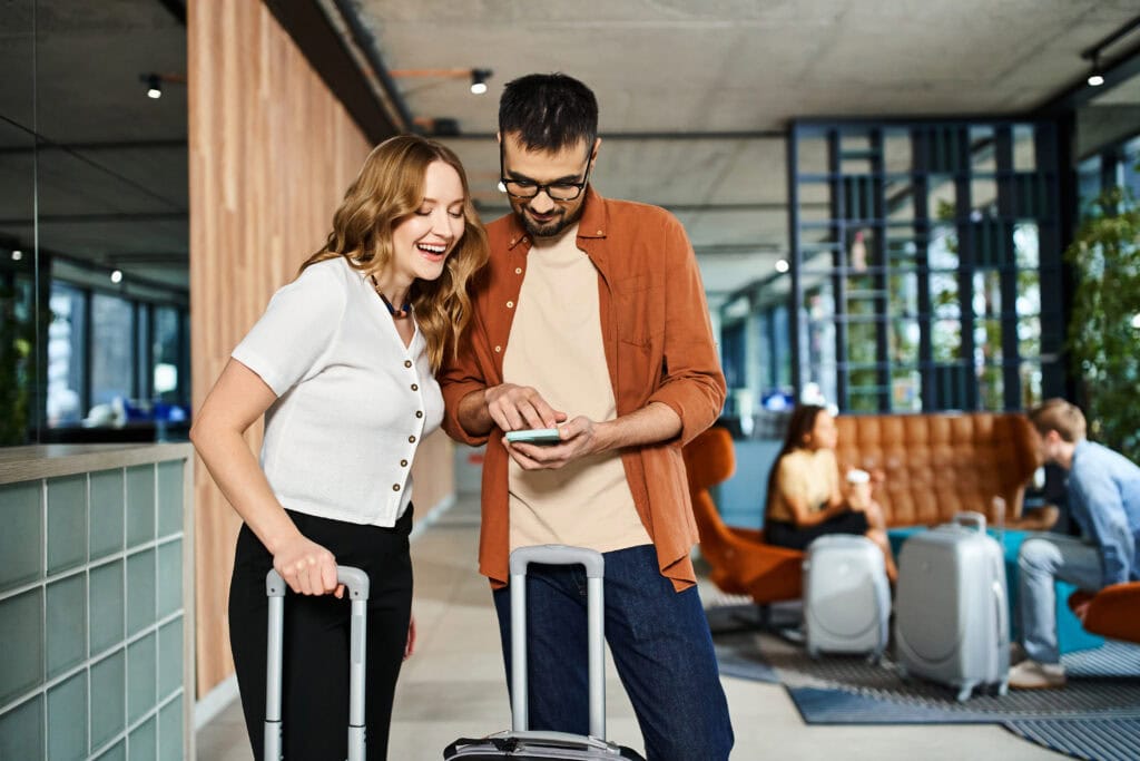 A woman and a man with suitcases stand together in a modern lobby, looking at a phone—perhaps checking their eSIM for European travel. Two other people with luggage sit and talk in the background.