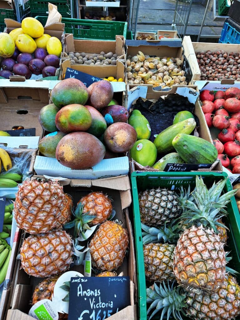 A market stall displays a variety of tropical fruits in cardboard boxes—pineapples, mangoes, papayas, passion fruit, and figs—offering a taste of traveling lessons through vibrant flavors from around the world.