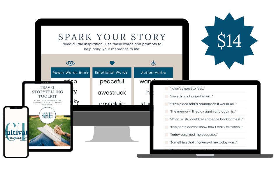 A digital toolkit called "Spark Your Story" is displayed on a phone, tablet, and two computer screens—everything you need to cultivate your storytelling skills—all for just $14.