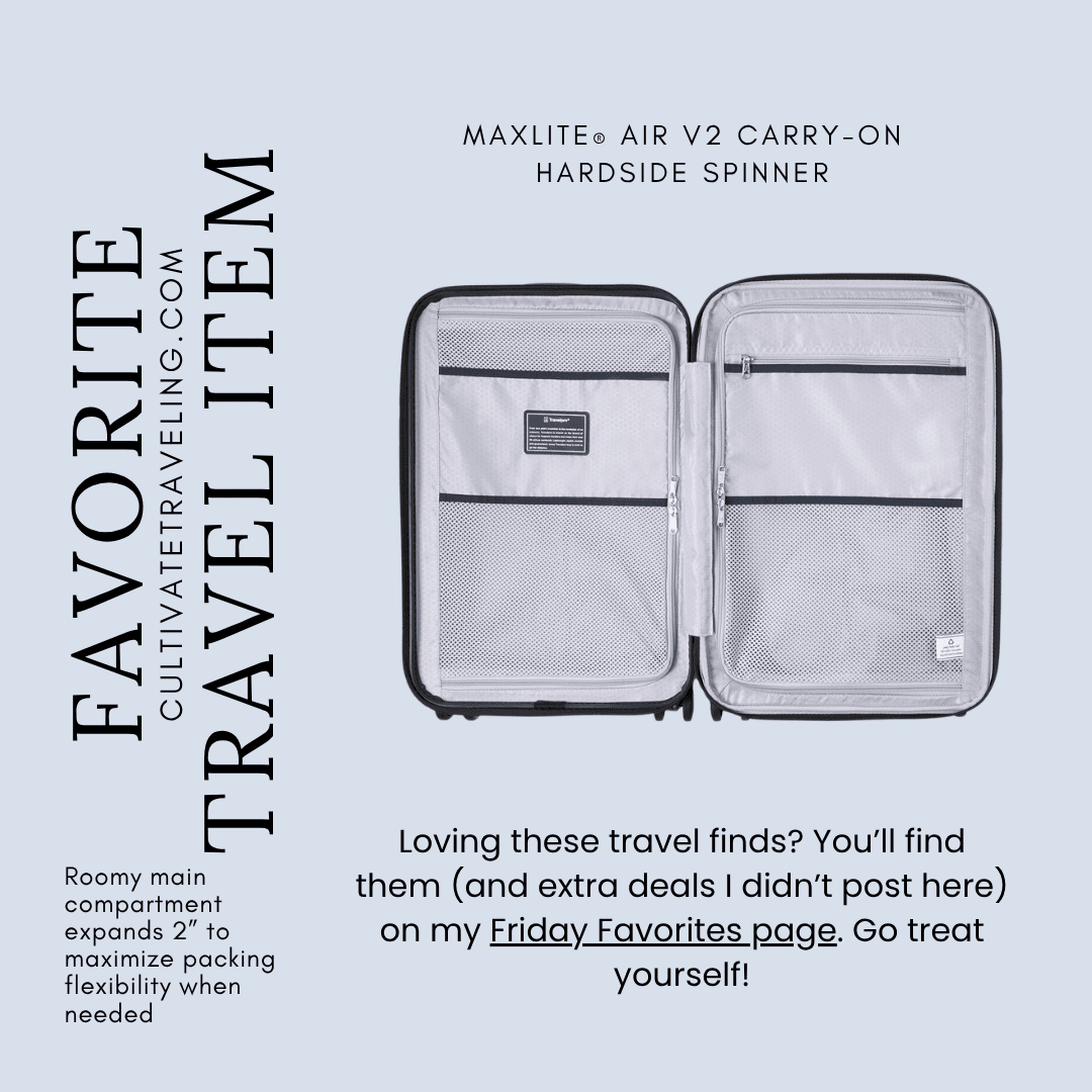 Open Maxlite Air V2 carry-on hardside spinner suitcase with mesh zippered compartments, shown upright on a light blue background with friday travel favorites text on the left.