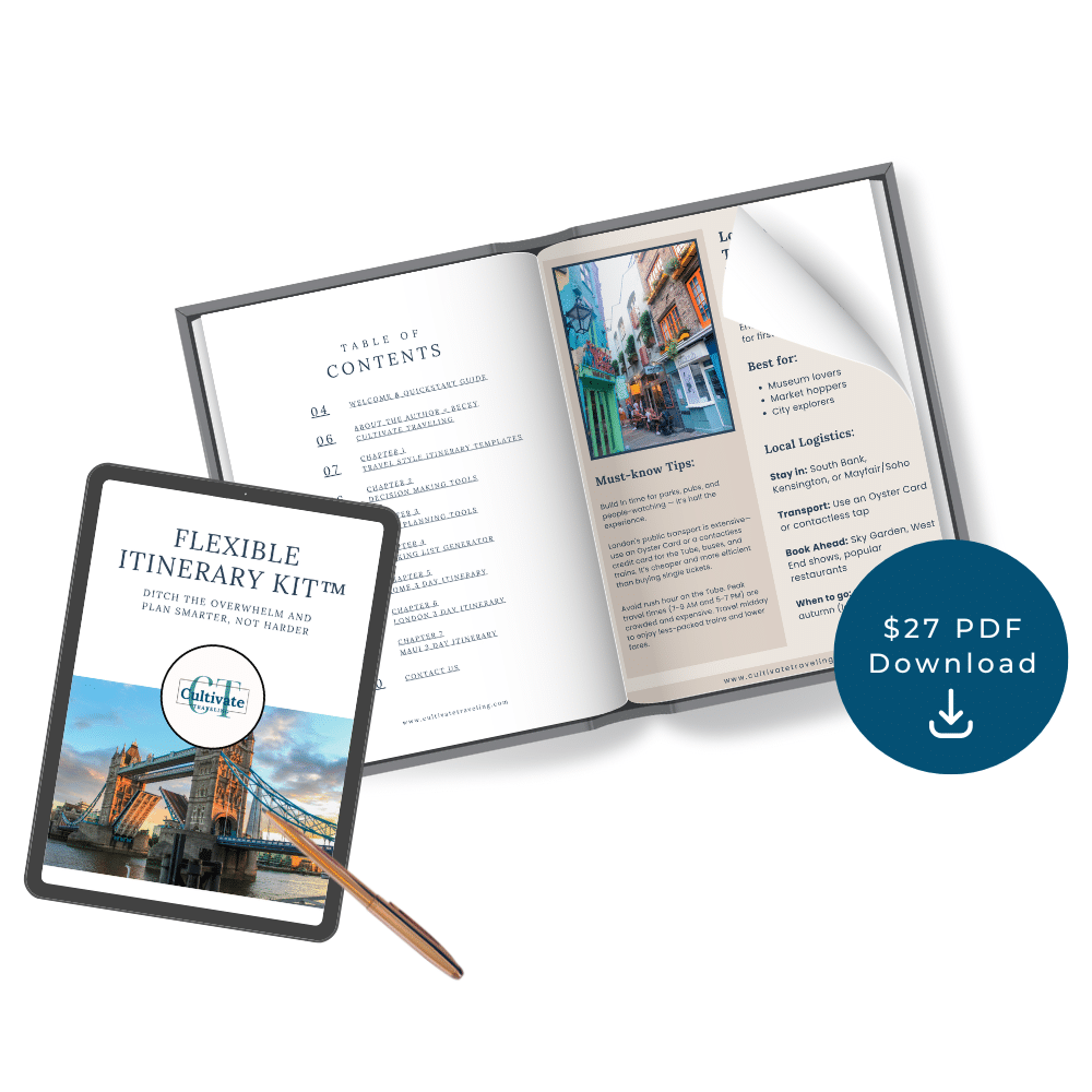 An open travel itinerary kit displayed as a digital tablet and an open booklet, perfect for planning your bucket list travel adventures, with a blue circle noting "$27 PDF Download.