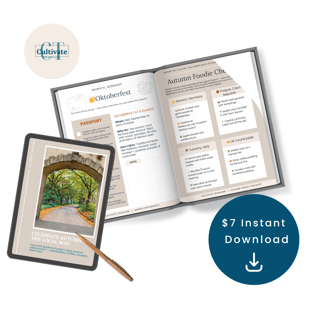 An open Autumn Journal travel guidebook and a tablet displaying an autumn scene, with a circular label stating "$7 Instant Download" and a download icon.