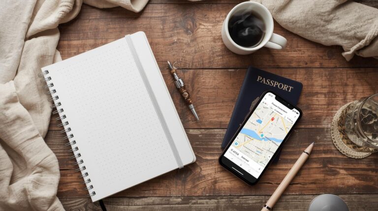 how to create a travel itinerary for first time travelers. A notebook, pen, passport, smartphone with a map app open, cup of coffee, and glass of water arranged on a wooden surface—everything you need for planning how to create a travel itinerary.